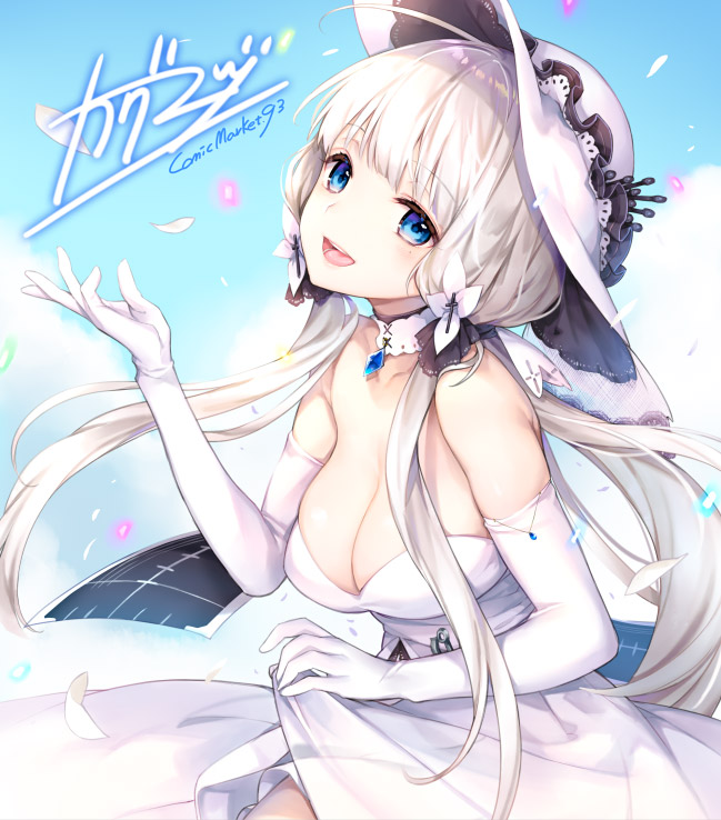 1girl :d ahoge azur_lane bangs bare_shoulders blue_eyes blue_sky blunt_bangs blush breasts cleavage closed_mouth cross day detached_collar dress elbow_gloves eyebrows_visible_through_hair from_side gem gloves glowing hair_ornament hand_up hat illustrious_(azur_lane) kaguyuzu large_breasts long_hair looking_at_viewer looking_to_the_side open_mouth petals shiny shiny_skin signature silver_hair skirt_hold sky smile solo strapless strapless_dress sun_hat tri_tails upper_body very_long_hair white_dress white_gloves white_hat