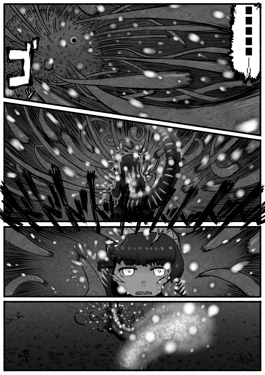 aura battle burning cerulean_(kemono_friends) comic godzilla highres kemono_friends kishida_shiki lizard_tail monochrome sharp_teeth shin_godzilla tail teeth tentacle