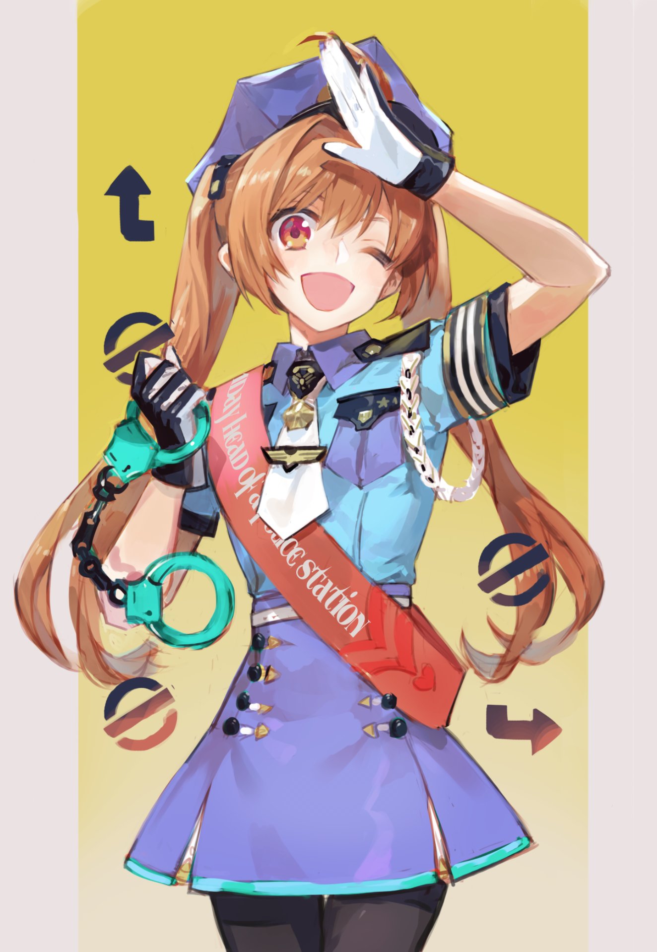 1girl ;d aiguillette alternate_costume alternate_headwear badge brown_hair buttons cuffs eiyuu_densetsu estelle_bright gloves handcuffs hat highres long_hair necktie nishihara_isao one_eye_closed open_mouth police police_hat police_uniform policewoman red_eyes salute skirt smile solo sora_no_kiseki twintails uniform