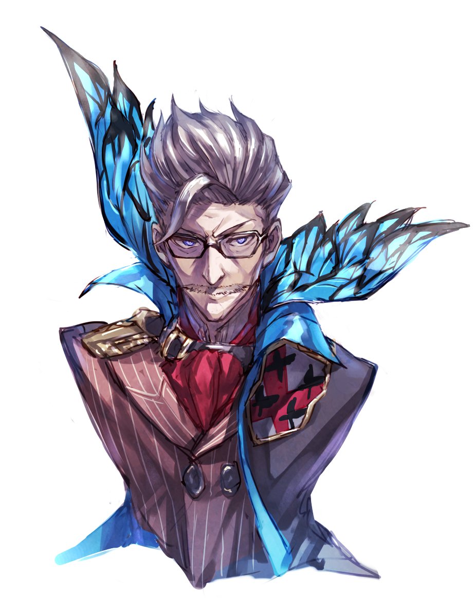 1boy blue_eyes closed_mouth commentary_request cravat cropped_torso facial_hair fate/grand_order fate_(series) fumikiri glasses grey_hair hair_slicked_back high_collar highres jacket james_moriarty_(fate/grand_order) looking_at_viewer male_focus mustache red_neckwear simple_background solo upper_body white_background
