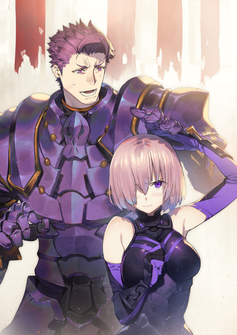 1boy 1girl arm_up armor bangs black_gloves blush breastplate breasts closed_mouth elbow_gloves fate/grand_order fate_(series) faulds gloves hair_between_eyes hair_over_one_eye hand_up lancelot_(fate/grand_order) large_breasts looking_at_another mash_kyrielight open_mouth pauldrons purple_gloves purple_hair ryota-h short_hair sweatdrop teeth upper_body violet_eyes
