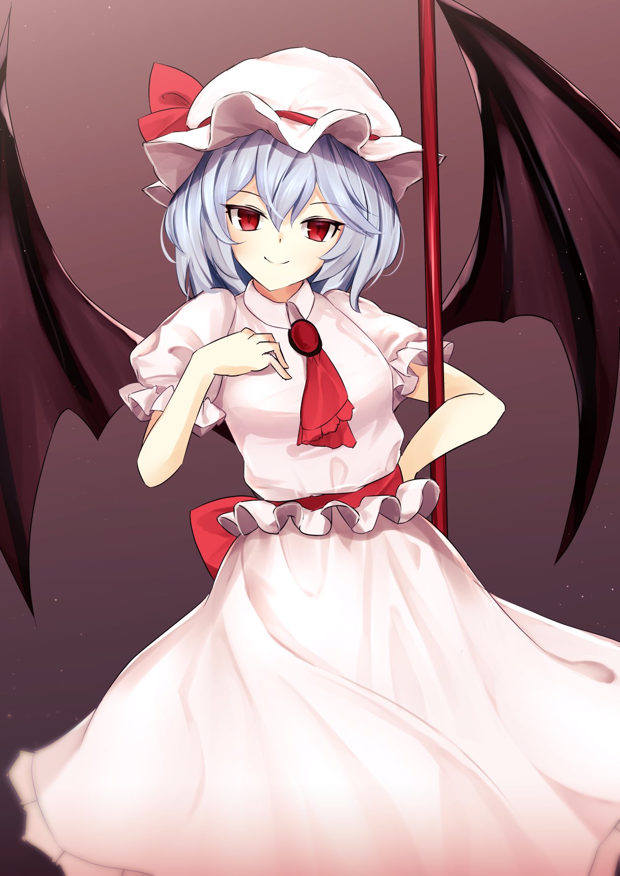 1girl ascot bat_wings blue_hair breasts commentary_request gradient gradient_background hand_on_own_chest hat hat_ribbon highres holding holding_weapon looking_at_viewer mob_cap polearm puffy_short_sleeves puffy_sleeves red_eyes red_neckwear red_ribbon remilia_scarlet ribbon short_hair short_sleeves sinkai small_breasts smile solo spear touhou weapon wings