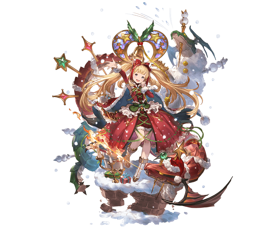 1girl alternate_hairstyle blonde_hair blue_eyes bonnet boots bow cagliostro_(granblue_fantasy) candle chimney dragon dress full_body gift granblue_fantasy hair_bow long_hair minaba_hideo official_art red_dress transparent_background very_long_hair white_footwear