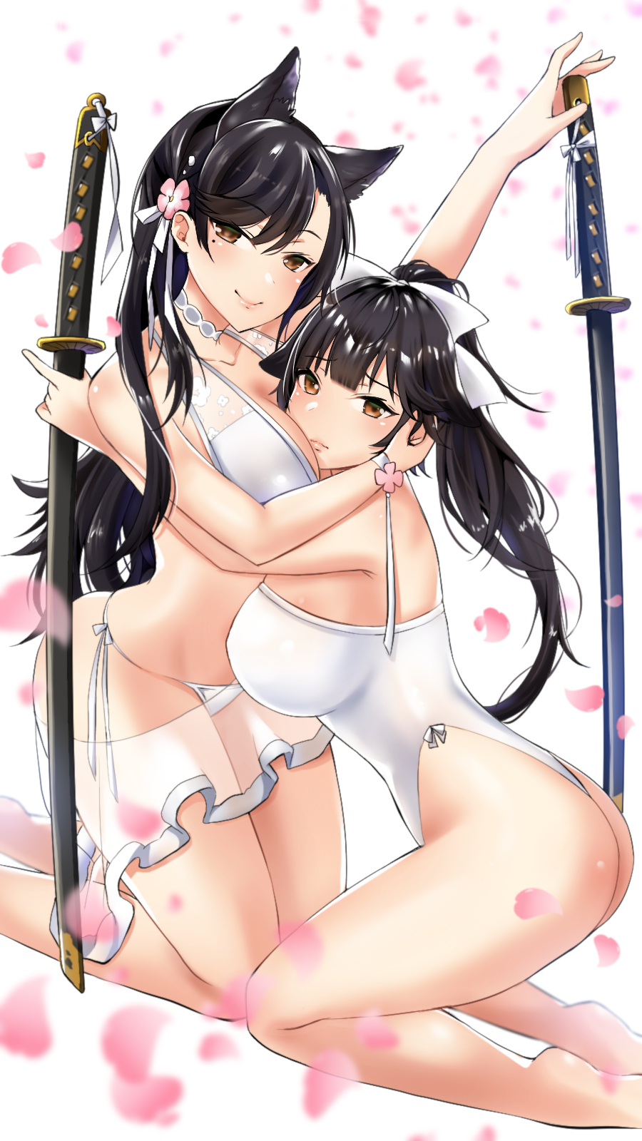 2girls animal_ears ass atago_(azur_lane) azur_lane bangs bikini black_hair bow breast_smother breasts brown_eyes casual_one-piece_swimsuit criss-cross_halter dog_ears hair_bow hair_flaps halterneck highres holding holding_sword holding_weapon large_breasts long_hair looking_at_viewer mole mole_under_eye multiple_girls one-piece_swimsuit one-piece_thong ponytail ribbon sarong side-tie_bikini swept_bangs swimsuit sword takao_(azur_lane) very_long_hair weapon white_background white_bikini white_bow white_ribbon white_swimsuit yuzuri_ai_(ichigo_crown)