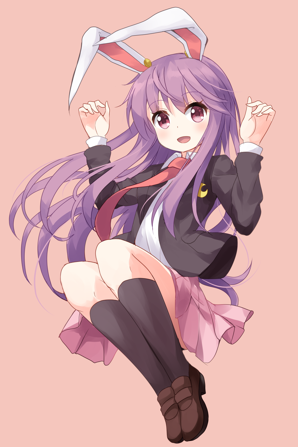1girl :d animal_ears black_legwear blazer blush crescent crescent_moon_pin full_body highres jacket legs_together loafers long_hair long_sleeves looking_at_viewer necktie open_blazer open_clothes open_jacket open_mouth pink_eyes pink_skirt purple_hair rabbit_ears red_neckwear reisen_udongein_inaba ruu_(tksymkw) shirt shoes skirt smile socks solo touhou very_long_hair white_shirt