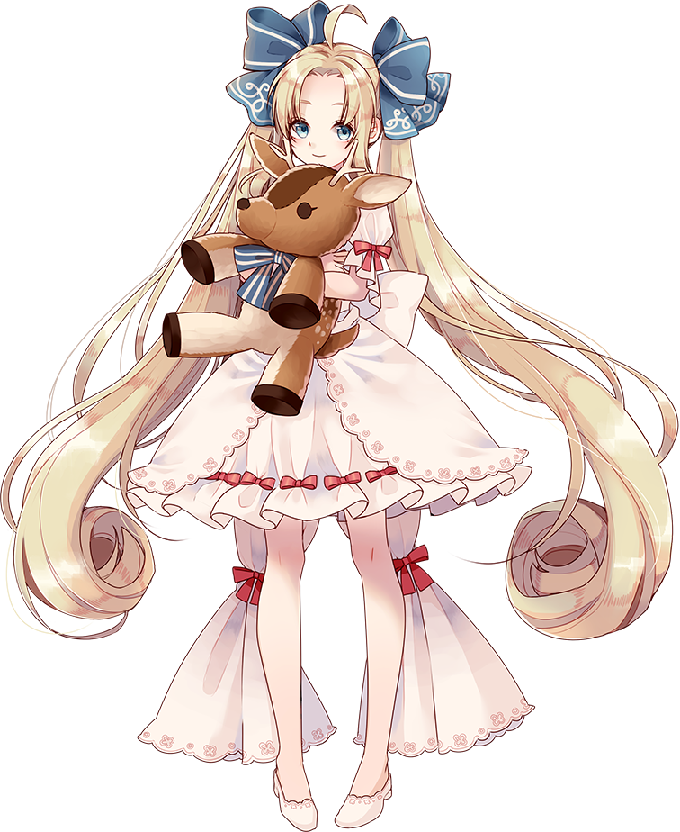 1girl ahoge blonde_hair blue_bow blue_eyes bow chateau_de_chambord_(oshiro_project) dress full_body hair_bow high_heels holding holding_stuffed_animal long_hair looking_at_viewer natuki_miz official_art oshiro_project oshiro_project_re smile solo stuffed_animal stuffed_deer stuffed_toy transparent_background twintails very_long_hair white_dress