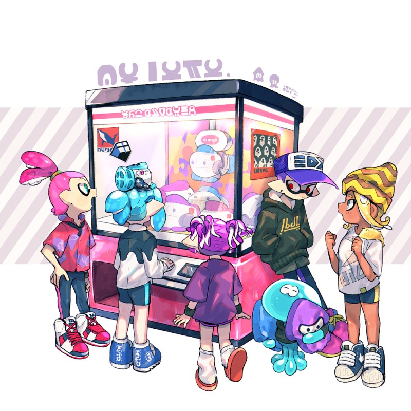 ..._(331608) 2boys 3girls blonde_hair blue_eyes blue_footwear blue_hair blue_headwear crane_game green_jacket hat inkling jacket jellyfish leaning_back multiple_boys multiple_girls pink_eyes pink_footwear pink_hair pink_shirt purple_hair shirt shoes simple_background splatoon_(series) splatoon_2 squid standing stuffed_animal stuffed_toy white_background white_footwear white_shirt yellow_eyes yellow_headwear