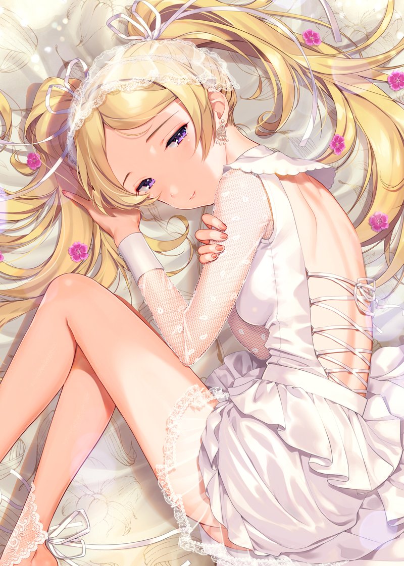 1girl bare_back blonde_hair blush closed_mouth commentary_request dress earrings emily_stewart fishnets hair_ribbon idolmaster idolmaster_million_live! jewelry joey_koguma light_smile long_hair looking_at_viewer ribbon solo twintails veil violet_eyes white_ribbon