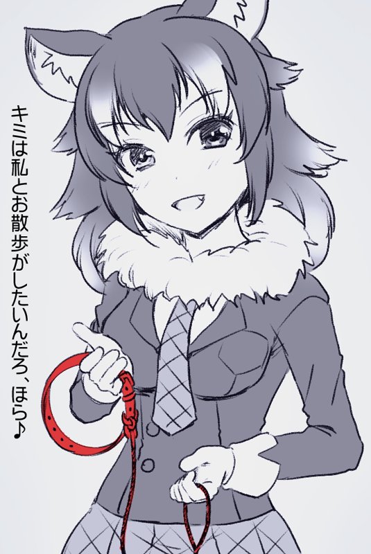 :d animal_ears blue blue_background collar collar_removed commentary_request dog_collar eyebrows_visible_through_hair fang fur_collar gloves grey_wolf_(kemono_friends) head_tilt holding kemono_friends long_hair long_sleeves looking_at_viewer monochrome necktie open_mouth pleated_skirt simple_background skirt smile spot_color totokichi translation_request upper_body wolf_ears
