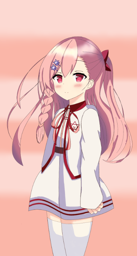 1girl age_regression asymmetrical_hair blush bow braid clenched_hand closed_mouth collared_jacket dress girls_frontline gradient gradient_background hair_between_eyes hair_bow hair_ornament hair_ribbon hairclip hexagram jacket long_hair long_sleeves looking_at_viewer negev_(girls_frontline) open_clothes open_jacket pink_background pink_hair red_bow red_eyes ribbon simple_background skirt smile solo star_of_david thigh-highs white_dress white_legwear white_skirt younger yujekikori