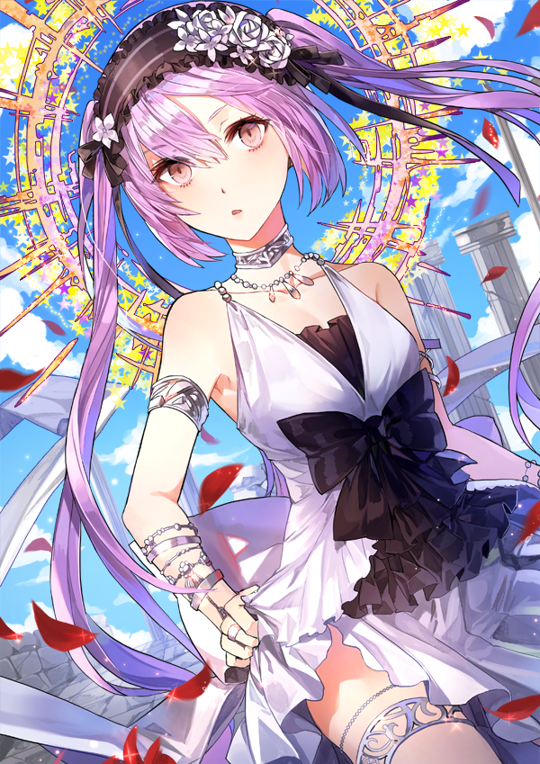 1girl bangs bare_shoulders black_bow blue_sky bow choker clouds collarbone commentary_request day dress euryale eyebrows_visible_through_hair fate/hollow_ataraxia fate_(series) flower frilled_hairband hair_between_eyes jewelry kim_eb long_hair looking_at_viewer outdoors parted_lips pillar pink_eyes purple_hair ring rose sidelocks sky sleeveless sleeveless_dress solo twintails very_long_hair white_dress