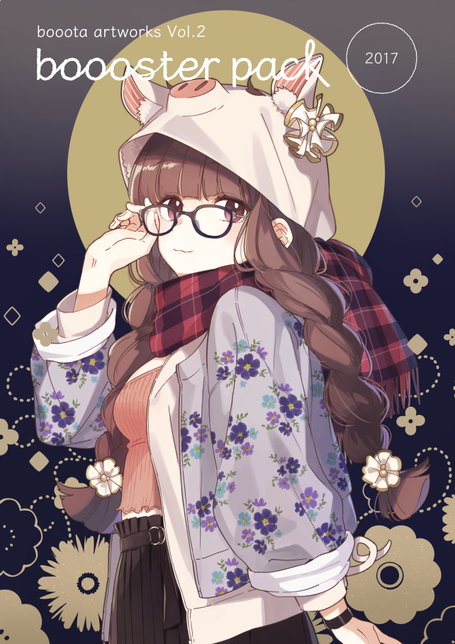 1girl adjusting_eyewear animal_hood bangs blush booota braid breasts brown_hair cardigan closed_mouth cover cover_page doujin_cover floral_print fringe from_side glasses hood jacket long_hair looking_at_viewer medium_breasts open_cardigan open_clothes open_jacket original pig_tail plaid plaid_scarf red_scarf scarf smile solo tail twin_braids upper_body violet_eyes