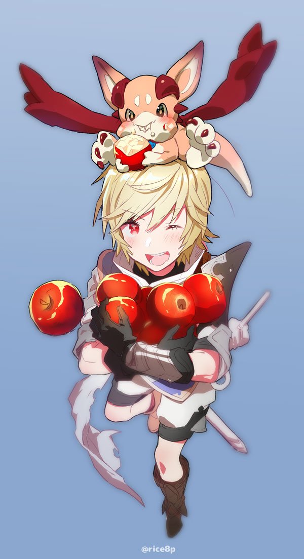 1boy apple arthur_(granblue_fantasy) blonde_hair blue_background carrying dragon eating food food_on_face fruit granblue_fantasy male_focus one_eye_closed rice_(rice8p) shorts simple_background smile twitter_username vee_(granblue_fantasy)