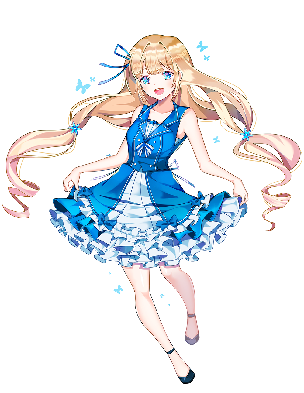 1girl :d black_footwear blonde_hair blue_bow blue_dress blue_eyes bow butterfly dress flower frilled_dress frills ggomddak hair_flower hair_ornament hair_ribbon highres long_hair looking_at_viewer open_mouth original ribbon simple_background skirt_hold smile standing very_long_hair