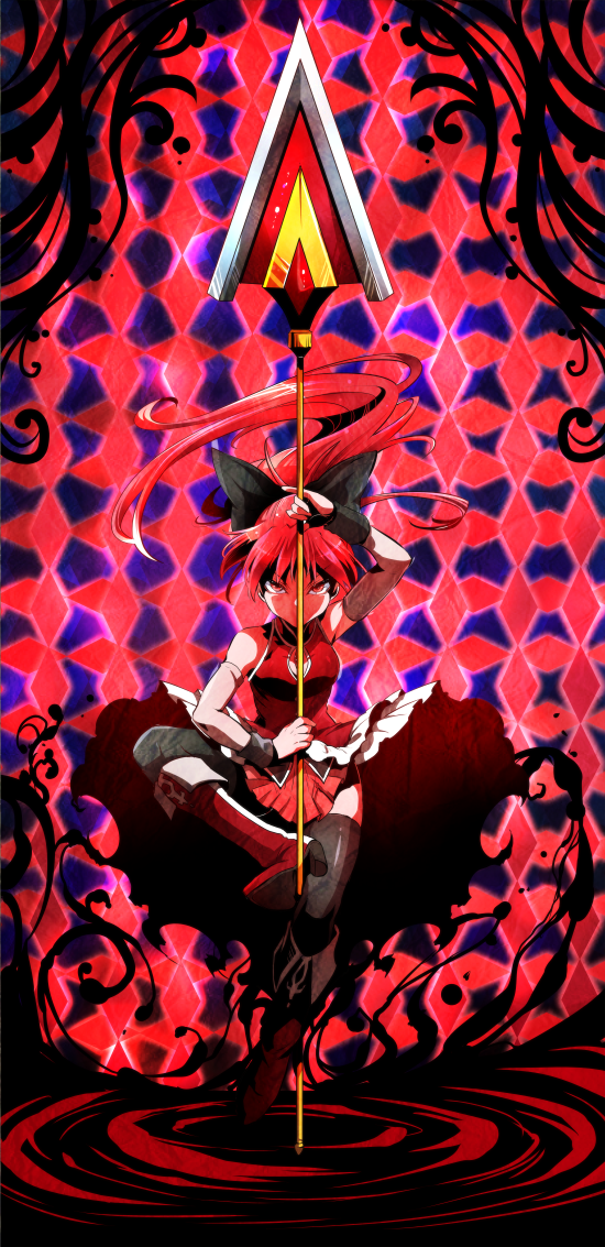 1girl black_bow boots bow breasts cleavage_cutout detached_sleeves full_body hair_bow holding holding_weapon knee_boots long_hair looking_at_viewer magical_girl mahou_shoujo_madoka_magica marimo_(yousei_ranbu) polearm ponytail red_eyes redhead sakura_kyouko serious small_breasts solo spear thigh-highs weapon wristband