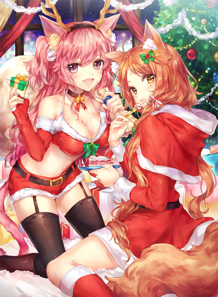 2girls ahoge animal_ears arms_up bangs bare_shoulders bell bell_choker belt black_belt black_choker black_headband black_legwear blush borrowed_character bow breasts cake cat_ears cat_tail cherry choker christmas christmas_ornaments christmas_tree cleavage commentary_request crop_top dress fake_antlers fang fingerless_gloves food fruit fur-trimmed_boots fur-trimmed_dress fur-trimmed_shorts fur-trimmed_sleeves fur_trim garland_(decoration) garter_straps gift gloves gold green_bow halter_top halterneck holding holding_gift holding_plate hood indoors kneeling long_hair looking_at_viewer medium_breasts multiple_girls open_mouth orange_bow orange_hair original pink_eyes pink_hair plate red_dress red_footwear red_shorts sack shorts single_stripe sitting slice_of_cake striped striped_bow tail thigh-highs very_long_hair wariza whisker_markings white_bow window yellow_eyes yuli_(yulipo)