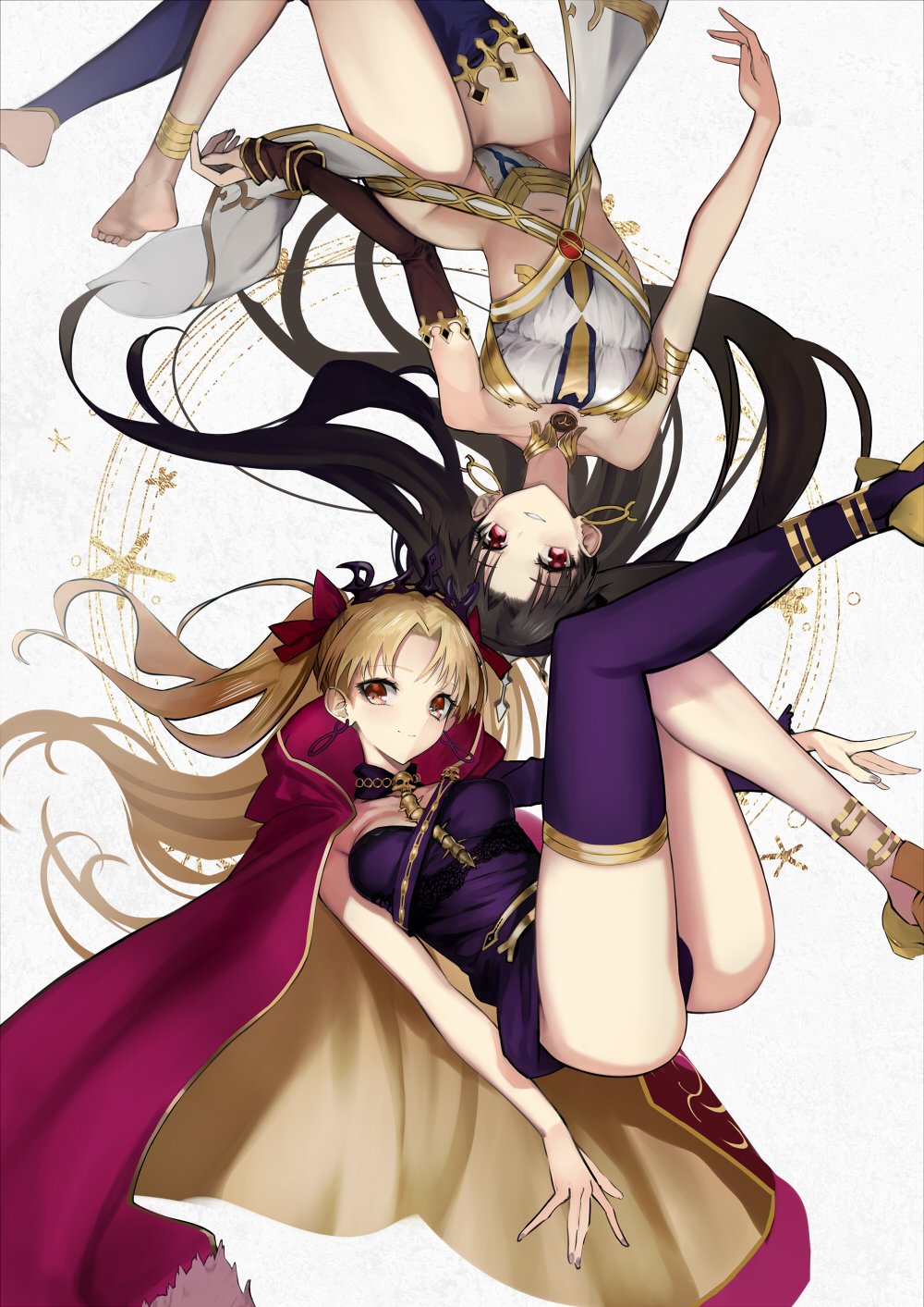 2girls anklet ass bare_shoulders barefoot between_breasts black_hair blonde_hair bow breasts cape commentary_request detached_collar dress earrings ereshkigal_(fate/grand_order) fate/grand_order fate_(series) hair_bow high_heels highres infinity ishtar_(fate/grand_order) jewelry long_hair looking_at_viewer medium_breasts mins_(minevi) multicolored multicolored_cape multicolored_clothes multiple_girls panties parted_lips purple_dress purple_legwear red_cape red_eyes short_dress single_sleeve single_thighhigh smile spine thigh-highs tohsaka_rin two_side_up underwear upside-down