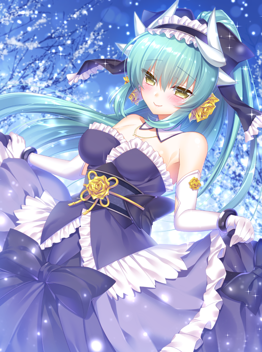 1girl aqua_hair blush breasts dragon_horns dress elbow_gloves fate/grand_order fate_(series) flower gloves hair_flower hair_ornament hlz horns kiyohime_(fate/grand_order) long_hair medium_breasts ponytail solo very_long_hair white_gloves yellow_eyes