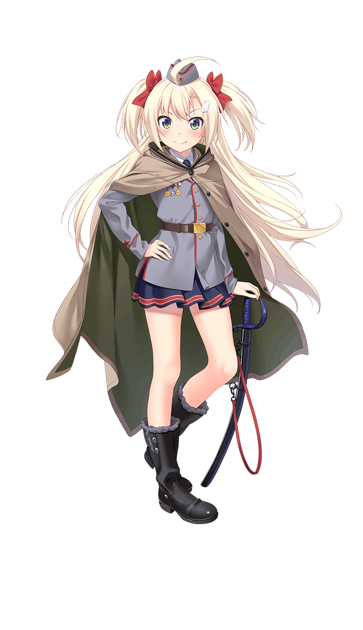 1girl ahoge black_footwear blonde_hair blue_eyes blue_skirt boots cape crop_top formation_girls full_body hair_ribbon hand_on_hip highres long_hair looking_at_viewer military military_uniform olga_hodrewa pleated_skirt red_ribbon ribbon sheath sheathed skirt smile solo sword tenkuu_nozora transparent_background twintails uniform very_long_hair weapon