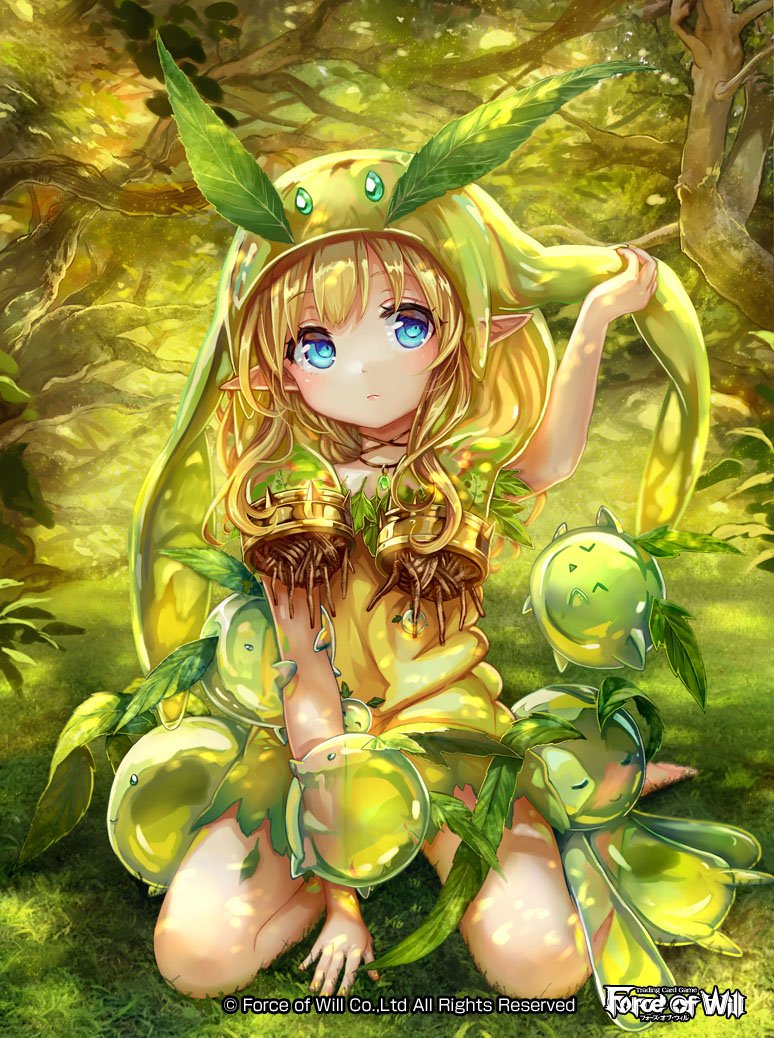 &gt;o&lt; 1girl blonde_hair blue_eyes copyright_name force_of_will grass hat leaf long_hair official_art pisuke pointy_ears sitting solo tree