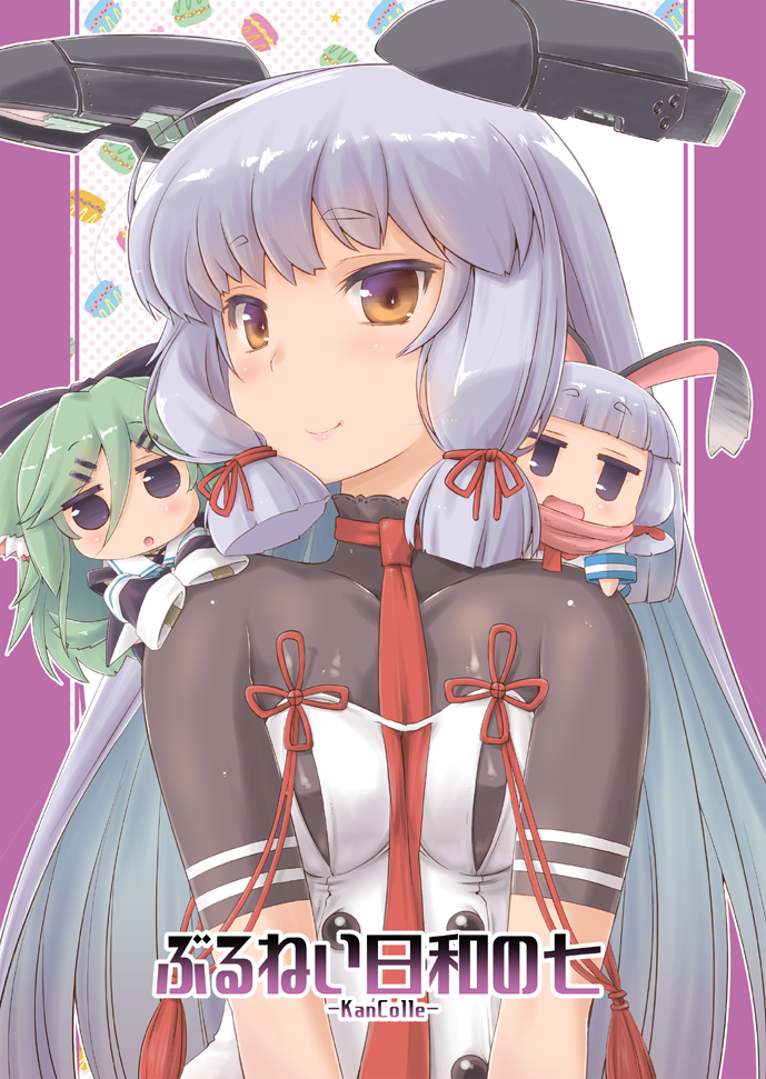 3girls ami_hideto animal_ears black_ribbon black_serafuku chibi cover cover_page doujin_cover dual_persona green_hair hair_between_eyes hair_ribbon headgear kantai_collection long_hair minigirl multiple_girls murakumo_(kantai_collection) necktie orange_eyes rabbit_ears red_neckwear remodel_(kantai_collection) ribbon school_uniform serafuku short_eyebrows silver_hair tress_ribbon upper_body yamakaze_(kantai_collection)