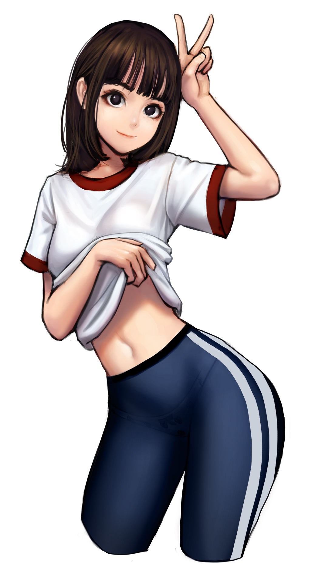 1girl arm_up bangs black_eyes blue_pants blunt_bangs bow bow_panties closed_mouth contrapposto cropped_legs double_vertical_stripe food_print hand_on_own_head highres jungon_kim leaning_to_the_side lifted_by_self navel no_pupils original panties pants print_panties shirt shirt_lift short_hair short_sleeves simple_background smile solo standing stomach strawberry_panties strawberry_print thighs track_pants underwear v white_background white_shirt