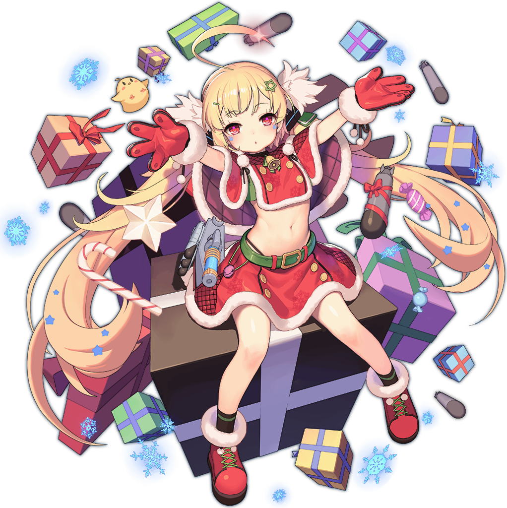 1girl ahoge azur_lane bell belt belt_buckle bird black_ribbon blonde_hair buckle candy candy_cane chick eldridge_(azur_lane) facial_mark food full_body fur_trim gift gloves green_skirt huge_ahoge legs_apart long_hair miniskirt navel official_art pom_pom_(clothes) red_eyes red_footwear red_gloves red_skirt ribbon santa_costume simple_background skirt snowflakes solo stomach torpedo transparent_background tsliuyixin twintails very_long_hair