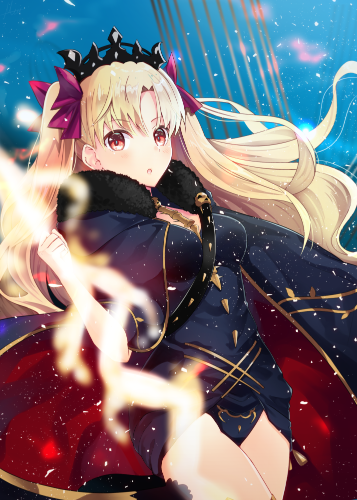 1girl :o bangs between_breasts black_cape blonde_hair blush buckle cape commentary_request ereshkigal_(fate/grand_order) fate/grand_order fate_(series) fur-trimmed_cape fur_trim glowing glowing_weapon hair_ribbon holding holding_weapon jewelry light_particles long_hair looking_at_viewer meet multicolored multicolored_cape multicolored_clothes necklace parted_bangs red_cape red_eyes red_ribbon ribbon skull solo spine thighs tiara tohsaka_rin two_side_up weapon
