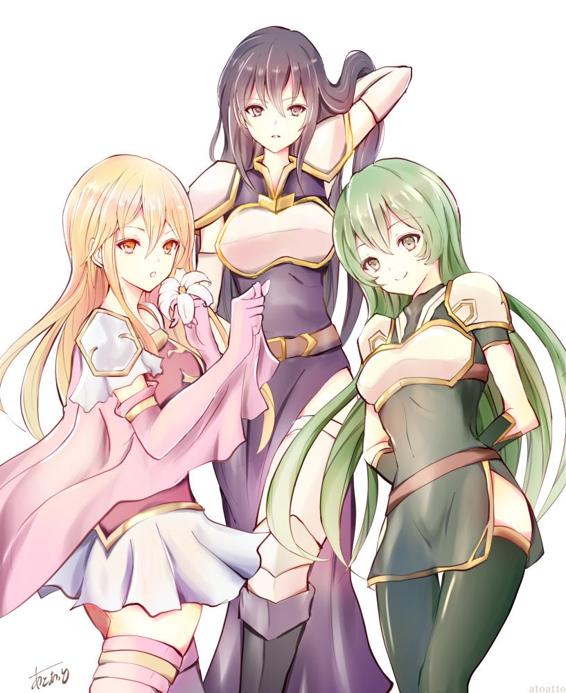 3girls aira_(fire_emblem) armor arms_behind_back atoatto belt black_eyes black_hair blonde_hair boots breastplate brown_eyes cape dress elbow_gloves fire_emblem fire_emblem:_seisen_no_keifu flower fury_(fire_emblem) gloves green_dress green_eyes green_hair hand_in_hair holding holding_cape holding_flower lachesis_(fire_emblem) lily_(flower) long_hair multiple_girls open_mouth purple_dress side_slit skirt smile spaulders thigh-highs very_long_hair white_flower zettai_ryouiki