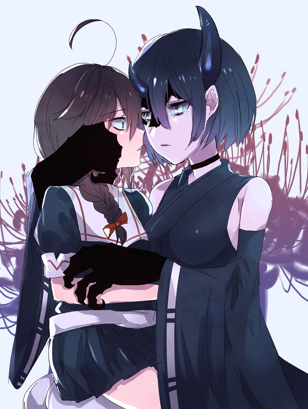 2girls ahoge bare_shoulders black_hair black_kimono black_serafuku black_skirt blue_eyes blush braid breasts choker claws closed_mouth dark_persona detached_sleeves eye_contact eyebrows_visible_through_hair flower hair_between_eyes hair_flaps hair_ribbon hakka_ame_(cuntrymamu) highres horn horns hug japanese_clothes kantai_collection kimono long_hair long_sleeves looking_at_another multiple_girls night_strait_hime_(black) nontraditional_miko pale_skin pleated_skirt red_ribbon remodel_(kantai_collection) ribbon ribbon-trimmed_sleeves ribbon_trim school_uniform serafuku shigure_(kantai_collection) shinkaisei-kan short_hair short_sleeves single_braid skirt wide_sleeves