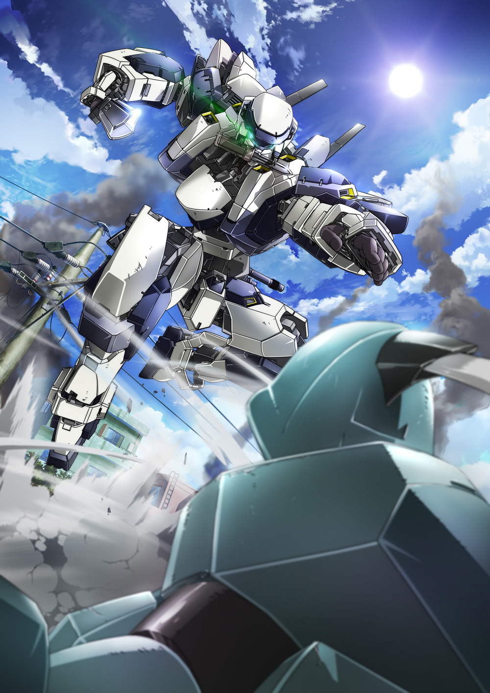 arbalest arm_slave_(mecha) building dust full_metal_panic! glowing glowing_eyes highres key_visual knife mecha no_humans official_art pole power_lines smoke sun telephone_pole weapon