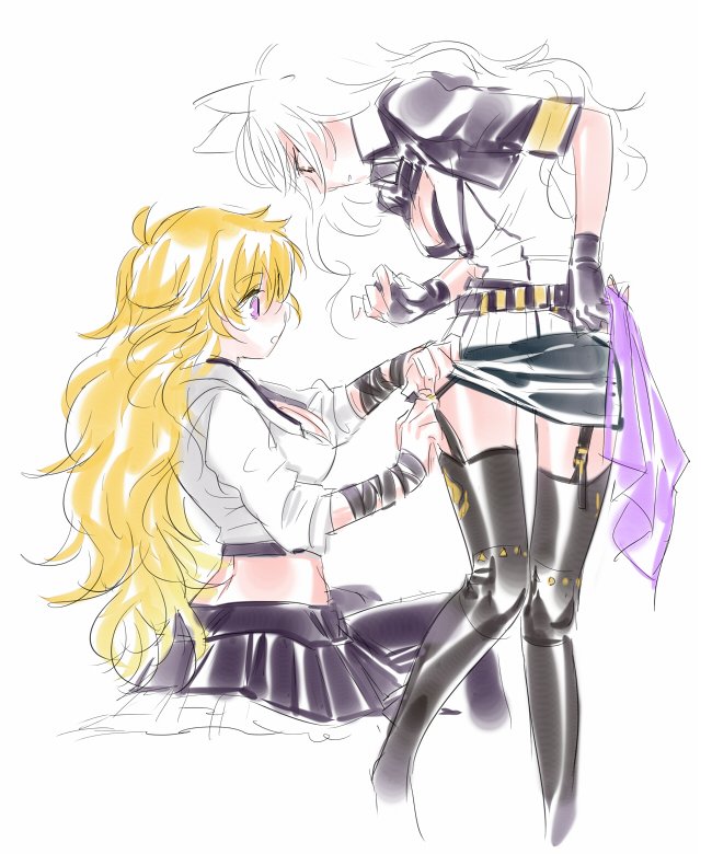 2girls animal_ears blake_belladonna cat_ears cosplay costume_switch fingerless_gloves gloves miniskirt multiple_girls rwby rwby_fanartnest skirt yang_xiao_long