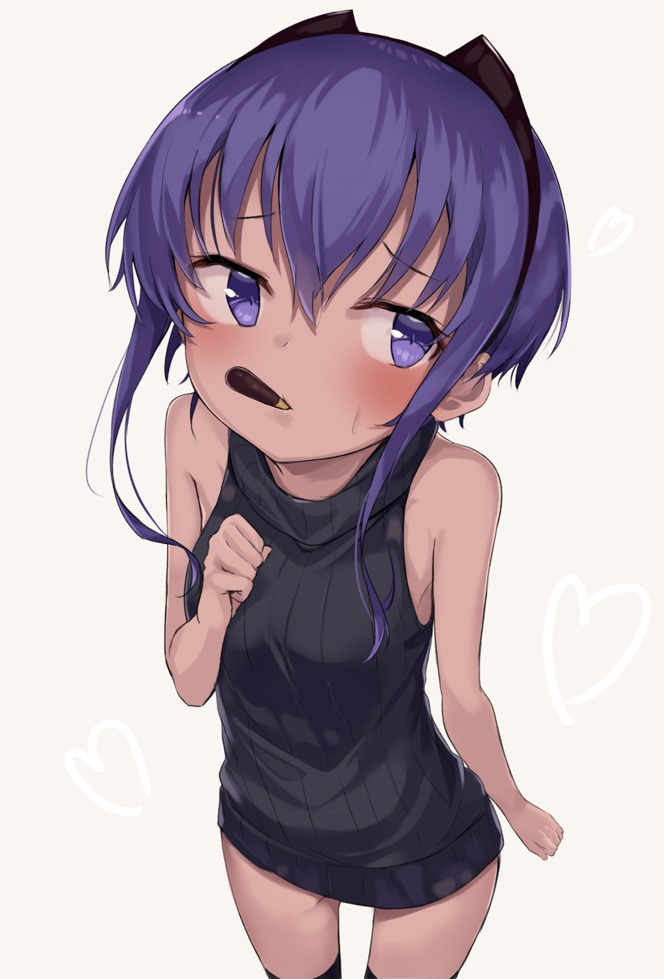 1girl assassin_(fate/prototype_fragments) bad_perspective bangs bare_shoulders black_legwear blush commentary_request dress fate/prototype fate/prototype:_fragments_of_blue_and_silver fate_(series) food hair_between_eyes hairband highres monobe_tsukuri pocky purple_hair short_hair sidelocks sweater sweater_dress sweater_vest violet_eyes