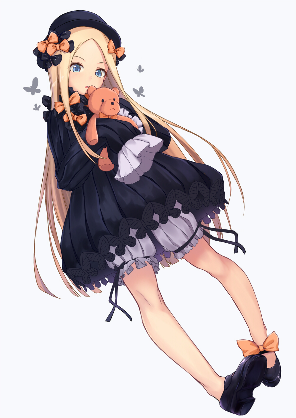 1girl abigail_williams_(fate/grand_order) bangs black_bow black_dress black_footwear black_hat blonde_hair bloomers blue_eyes bow butterfly commentary_request dress dutch_angle eyebrows_visible_through_hair fate/grand_order fate_(series) forehead full_body hair_bow hat highres itachi_kanade long_sleeves looking_at_viewer mary_janes object_hug orange_bow parted_bangs parted_lips polka_dot polka_dot_bow shoes simple_background sleeves_past_wrists solo stuffed_animal stuffed_toy teddy_bear underwear white_background white_bloomers