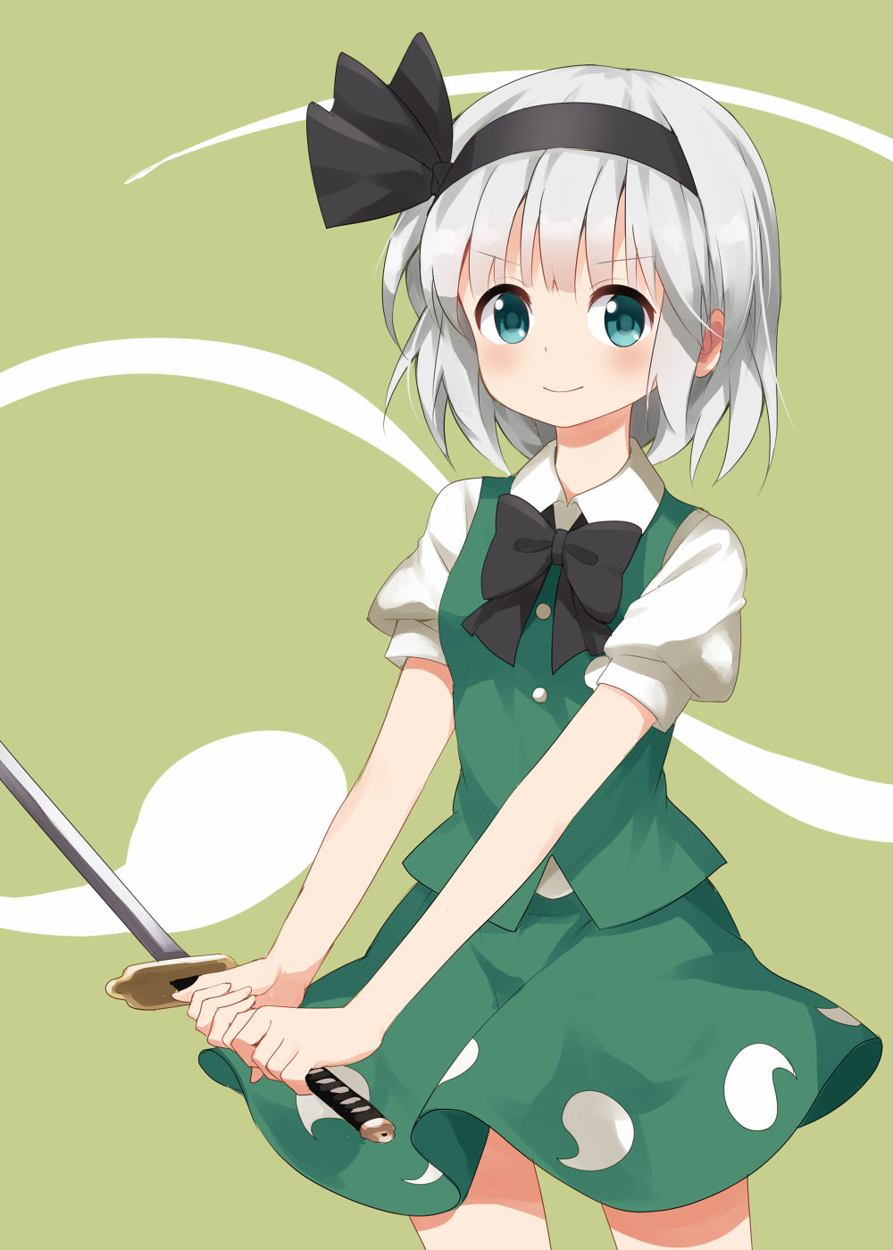 &gt;:) 1girl bangs black_hairband black_neckwear black_ribbon blunt_bangs blush bow bowtie closed_mouth collared_shirt cowboy_shot green_eyes green_skirt green_vest hair_ribbon hairband highres hitodama holding holding_sword holding_weapon katana konpaku_youmu konpaku_youmu_(ghost) looking_at_viewer puffy_short_sleeves puffy_sleeves ribbon ruu_(tksymkw) shirt short_hair short_sleeves silver_hair skirt skirt_set smile solo sword touhou v-shaped_eyebrows vest weapon white_shirt