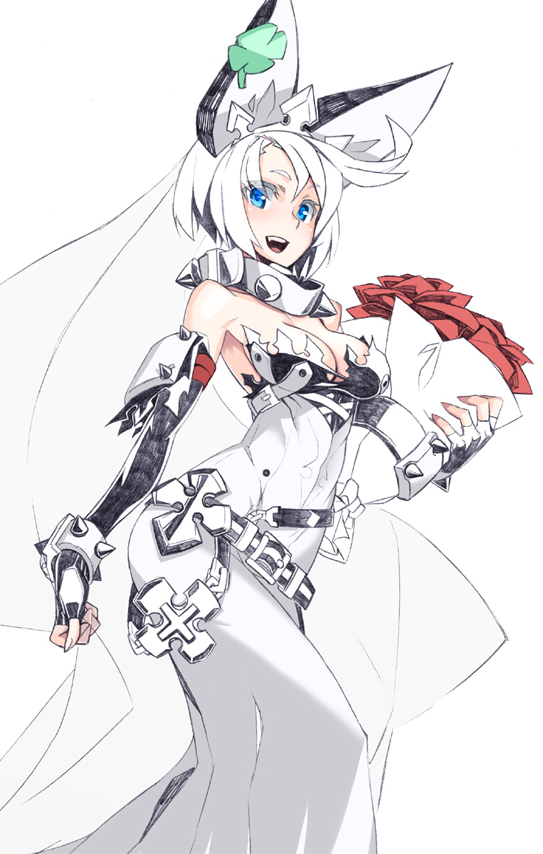 1girl blue_eyes bouquet breasts clover elbow_gloves elphelt_valentine flower four-leaf_clover gloves guilty_gear guilty_gear_xrd highres holding holding_bouquet medium_breasts nayutarou_(nyt_kag) short_hair solo