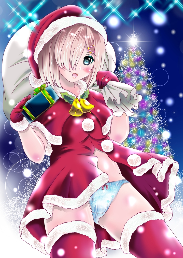 1girl aka_kitsune bell blue_panties capelet christmas_tree gift gloves grey_hair hair_ornament hair_over_one_eye hairclip hamakaze_(kantai_collection) hat jingle_bell kantai_collection looking_at_viewer open_mouth panties pom_pom_(clothes) red_gloves red_legwear sack santa_costume santa_hat smile solo thigh-highs underwear