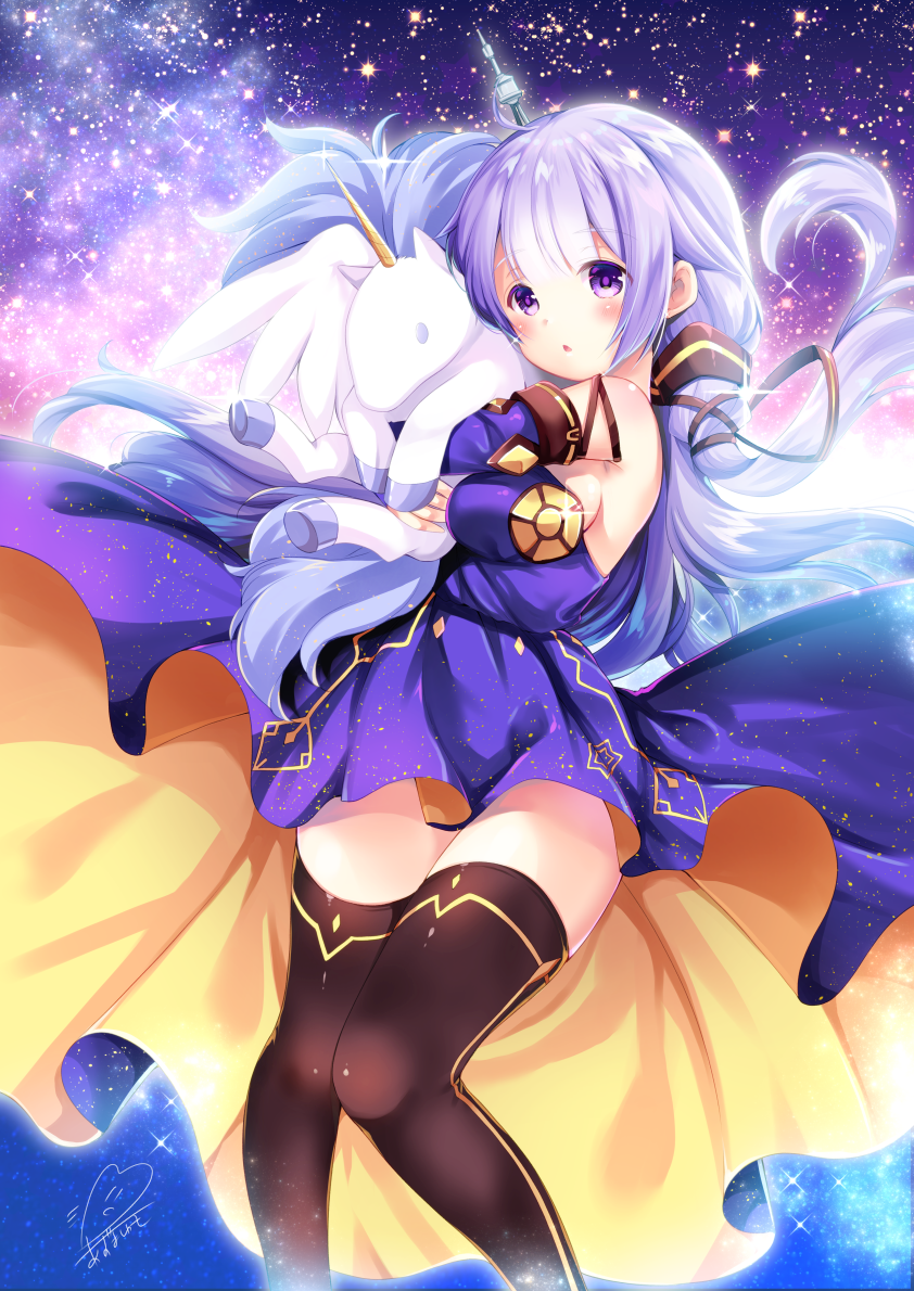 1girl azuma_yuki azur_lane bangs bare_shoulders black_legwear black_ribbon blush breasts commentary_request cosplay detached_sleeves dress eyebrows_visible_through_hair hair_ribbon large_breasts long_hair looking_at_viewer parted_lips purple_dress purple_hair ribbon signature sky solo space sparkle star_(sky) starry_sky stuffed_animal stuffed_pegasus stuffed_toy stuffed_unicorn thigh-highs unicorn_(azur_lane) very_long_hair violet_eyes vocaloid vocanese xingchen xingchen_(cosplay)