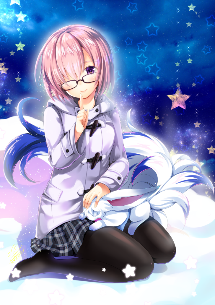 1girl azuma_yuki black-framed_eyewear black_skirt blush closed_mouth creature duffel_coat fate/grand_order fate_(series) full_body glasses hair_over_one_eye hand_on_another's_head index_finger_raised knees_together_feet_apart light_particles lips long_sleeves looking_at_viewer mash_kyrielight no_shoes pantyhose petting pink_hair plaid plaid_skirt shiny shiny_hair short_hair signature sitting skirt sky smile star star_(sky) starry_sky tareme violet_eyes wariza white_coat