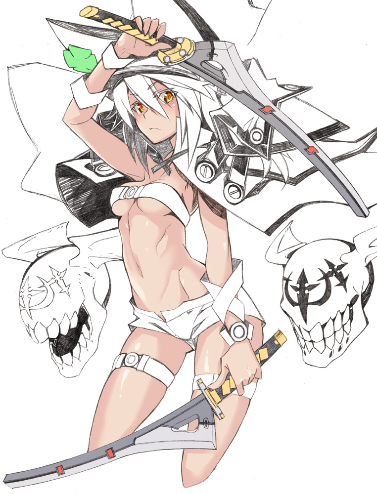 1girl belt beltbra breasts cape guilty_gear guilty_gear_xrd hair_between_eyes hat holding holding_sword holding_weapon long_hair medium_breasts navel nayutarou_(nyt_kag) ramlethal_valentine short_shorts shorts solo sword thigh_strap weapon yellow_eyes
