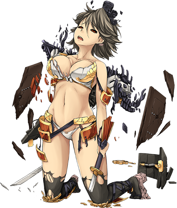 1girl artist_request breasts broken broken_sword broken_weapon brown_hair cleavage dual_wielding full_body holding holding_sword holding_weapon katana kneeling large_breasts looking_up midriff navel official_art oshiro_project oshiro_project_re saga_(oshiro_project) short_hair solo sword torn_clothes transparent_background weapon