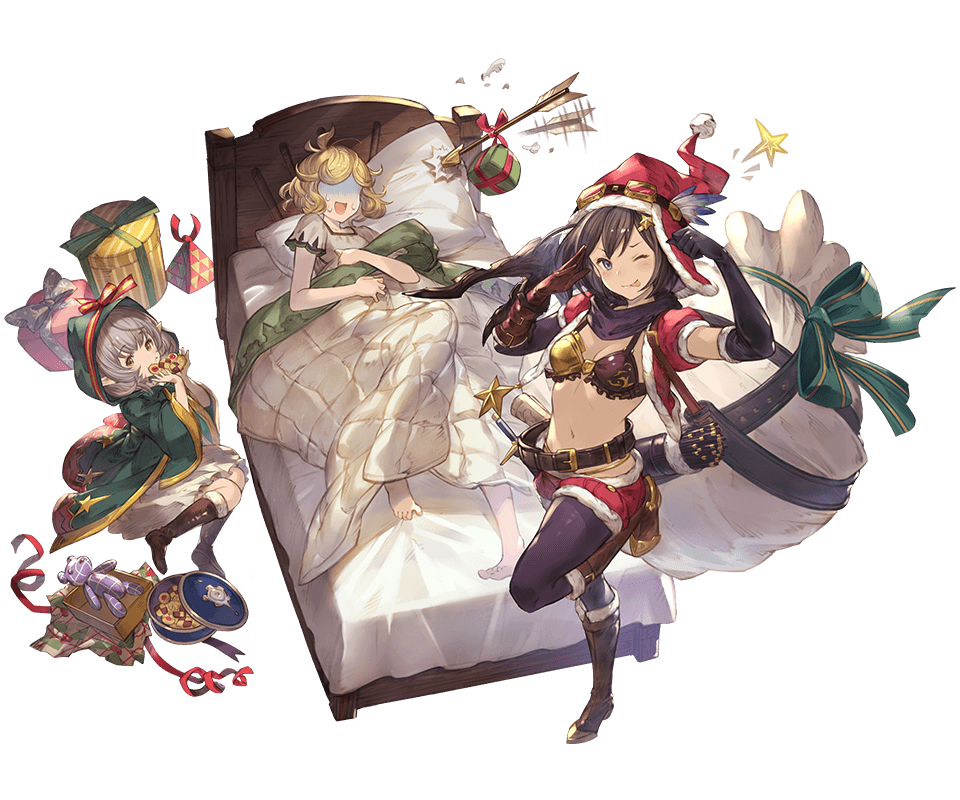 3girls bed blonde_hair bob_cut boots bow_(weapon) brown_footwear brown_hair color_drain cropped_jacket crossbow faceless faceless_female feena_(shingeki_no_bahamut) full_body gift granblue_fantasy jacket minaba_hideo minigob multiple_girls official_art pointy_ears red_jacket red_shorts salute santa_costume shorts standing standing_on_one_leg transparent_background weapon