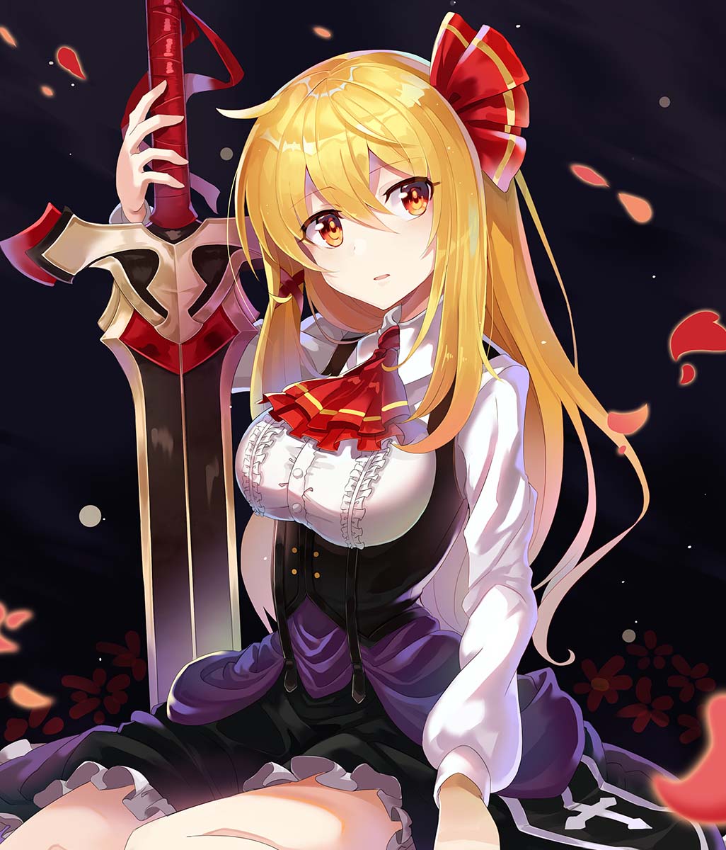 1girl alternate_breast_size alternate_hair_length alternate_hairstyle ascot black_background black_dress blonde_hair breasts commentary_request dress hair_ribbon highres holding holding_sword holding_weapon large_breasts long_hair long_sleeves looking_at_viewer parted_lips petals petticoat red_eyes red_neckwear red_ribbon ribbon rin_falcon rumia seiza shirt sidelocks sitting solo sword touhou weapon white_shirt