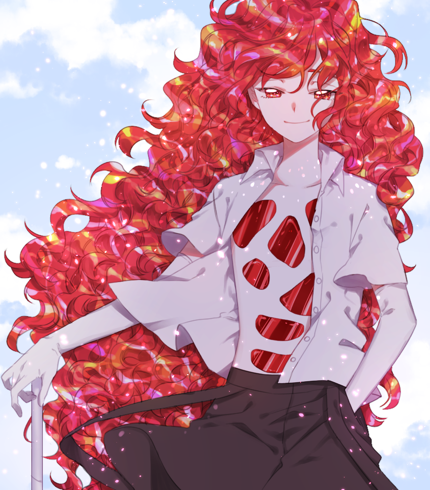 androgynous clouds hand_in_pocket houseki_no_kuni long_hair looking_at_viewer open_clothes open_shirt padparadscha_(houseki_no_kuni) red_eyes redhead shirt smile solo tische white_shirt wind