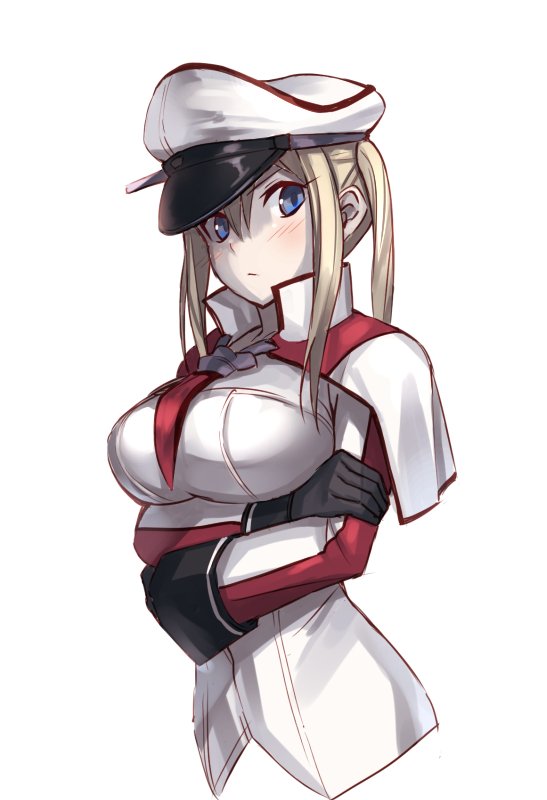 1girl black_gloves blonde_hair blue_eyes blush breasts capelet closed_mouth commentary_request cropped_torso crossed_arms fumikiri gloves graf_zeppelin_(kantai_collection) hair_between_eyes hat kantai_collection large_breasts long_hair long_sleeves military military_hat military_uniform necktie peaked_cap quad_tails red_neckwear simple_background solo twintails uniform upper_body white_background