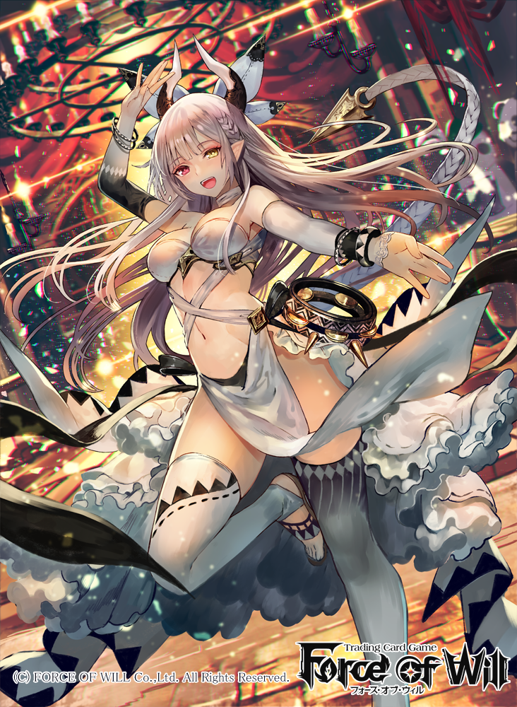 1girl bow braid breasts candle cleavage copyright_name dancer fingerless_gloves force_of_will gloves heterochromia horns instrument long_hair midriff navel official_art open_mouth panda pink_eyes pointy_ears sandals solo sparkle tambourine teeth terai_(teraimorimori) thigh-highs white_hair yellow_eyes