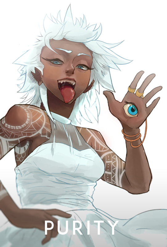 1girl :p arm_tattoo blue_eyes breasts character_name commentary dark_skin dress fang jewelry medium_breasts messy_hair ohnarev original purity_(ohnarev) ring saliva see-through solo tattoo third_eye tongue tongue_out white_dress white_hair