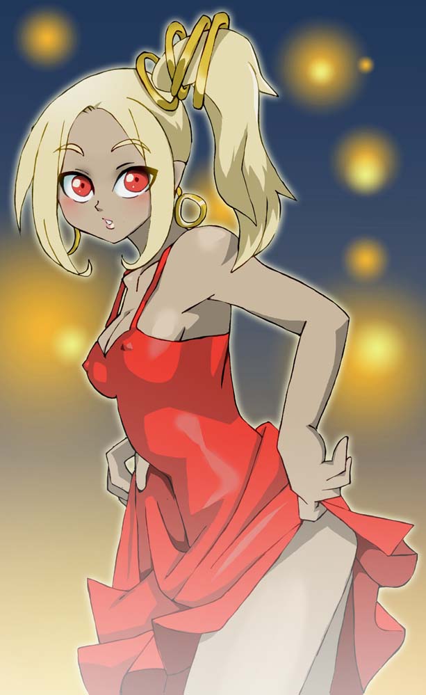 1girl ass blonde_hair breasts cleavage commentary_request dark_skin dress dress_lift erect_nipples graphite_(medium) gravity_daze kitten_(gravity_daze) long_hair looking_at_viewer millipen_(medium) onnaski open_mouth red_eyes solo thighs traditional_media