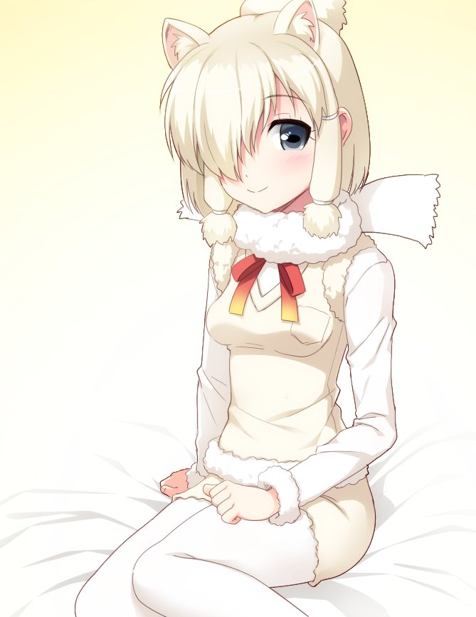 1girl alpaca_ears alpaca_suri_(kemono_friends) black_eyes blonde_hair closed_mouth extra_ears eyebrows_visible_through_hair fur_collar fur_trim gradient gradient_background hair_over_one_eye hand_on_lap horizontal_pupils kemono_friends long_sleeves looking_at_viewer neck_ribbon one_eye_covered pantyhose red_neckwear red_ribbon ribbon shirt short_hair shorts sitting smile solo topknot totokichi white_legwear white_shirt yellow_background yellow_shorts yellow_vest