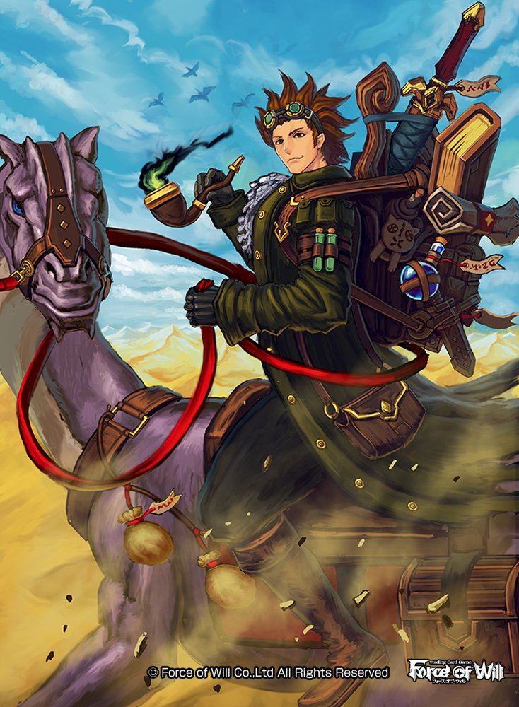 1boy bag bird book boots brown_hair copyright_name force_of_will gloves goggles goggles_on_head male_focus official_art pipe potion sand sky solo sword weapon